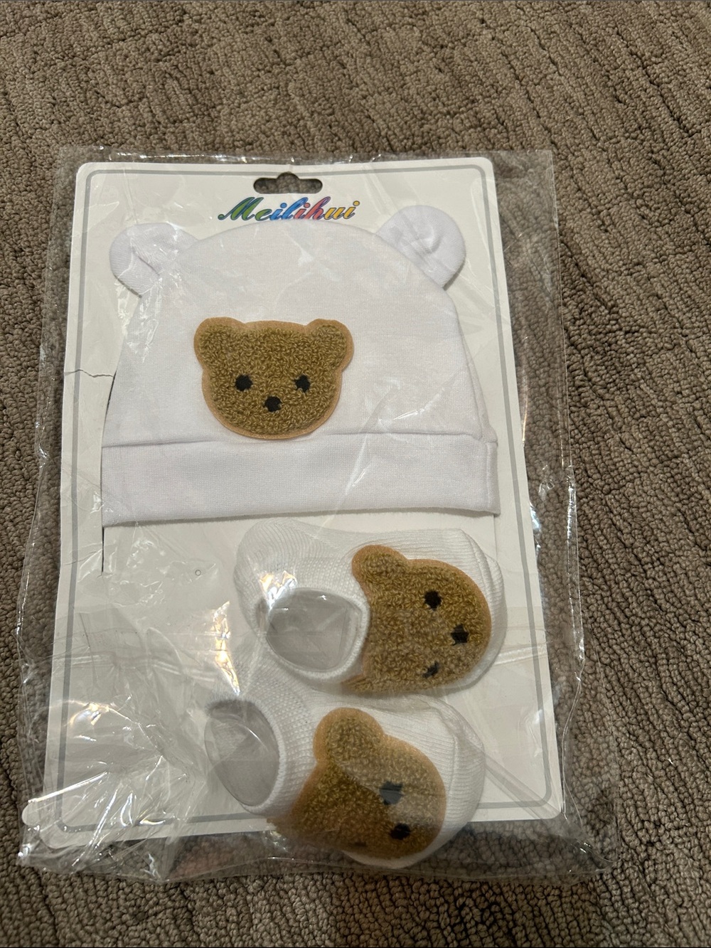 White Baby Hat and Booties Set with Brown Bear Appliqué NWT
